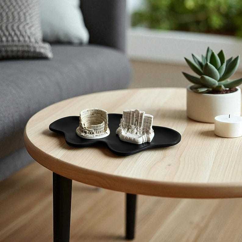 Modern Abstract Black Concrete Tray for Organizing Jewelry Keys Makeup Candles or Coffee Table Decor Handmade Minimalist Style