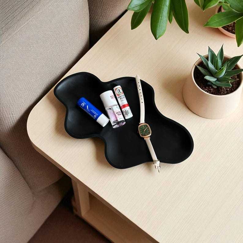 Modern Abstract Black Concrete Tray for Organizing Jewelry Keys Makeup Candles or Coffee Table Decor Handmade Minimalist Style