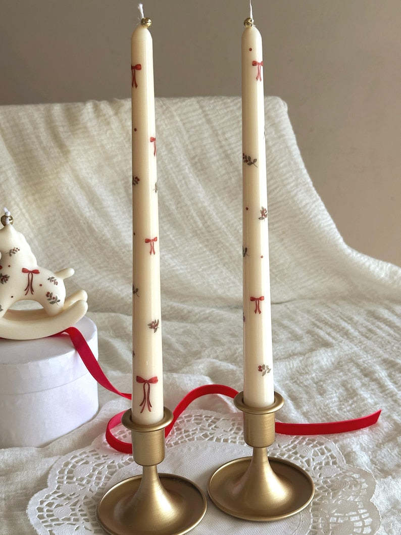 Handmade Taper Candles: Red Bow & Floral Christmas Decor