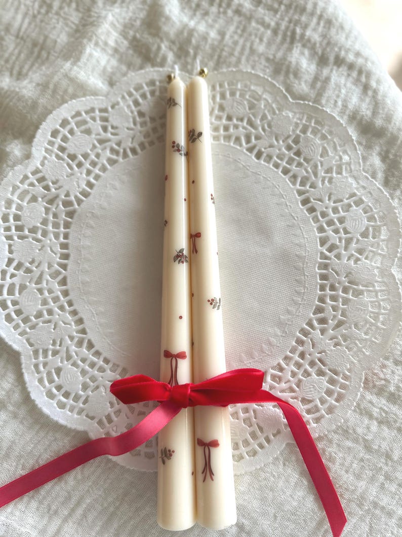 Handmade Taper Candles: Red Bow & Floral Christmas Decor