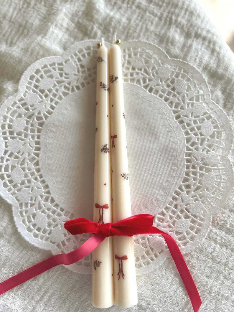 Handmade Taper Candles: Red Bow & Floral Christmas Decor