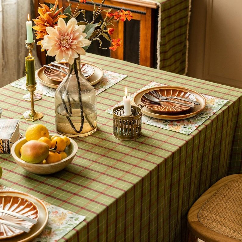 Green Plaid Cotton Tablecloth, Custom Farmhouse Table Cover, Christmas Dining Table Linen, Holiday Plaid Decor for Kitchen
