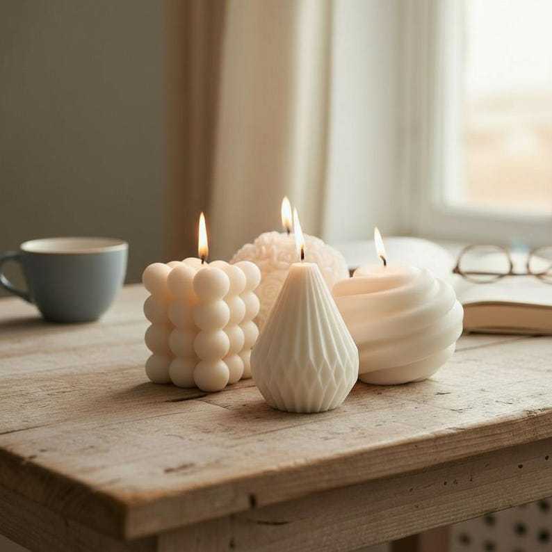 Handmade Candle, Undyed Luxury Soy Pillar Candle, Aesthetic Sculpted Bubble Candle, Rose and Ribbed Candle, Gift Boxed Candle Gifts for Her!