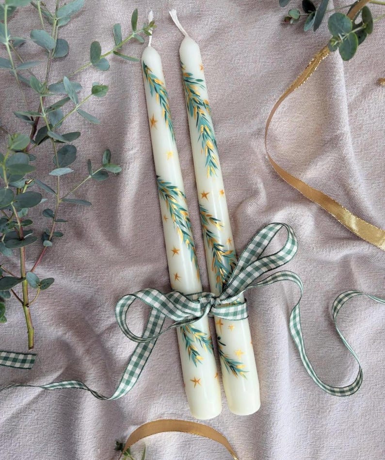 Christmas Taper Candle Set of 2: Hand-Painted Floral Decorations, noel decor pine tree candles