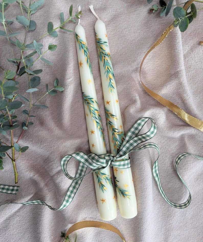 Christmas Taper Candle Set of 2: Hand-Painted Floral Decorations, noel decor pine tree candles