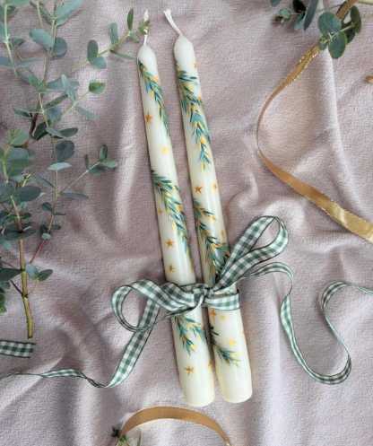 Christmas Taper Candle Set of 2: Hand-Painted Floral Decorations, noel decor pine tree candles