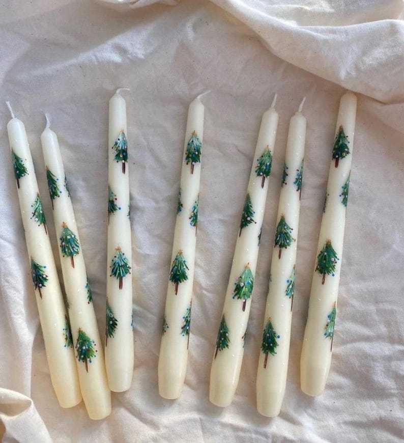 Christmas Taper Candle Set of 2: Hand-Painted Floral Decorations, noel decor pine tree candles