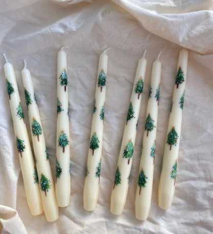 Christmas Taper Candle Set of 2: Hand-Painted Floral Decorations, noel decor pine tree candles