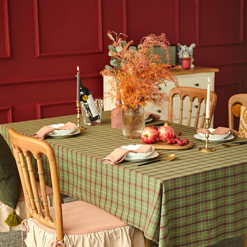 Green Plaid Cotton Tablecloth, Custom Farmhouse Table Cover, Christmas Dining Table Linen, Holiday Plaid Decor for Kitchen