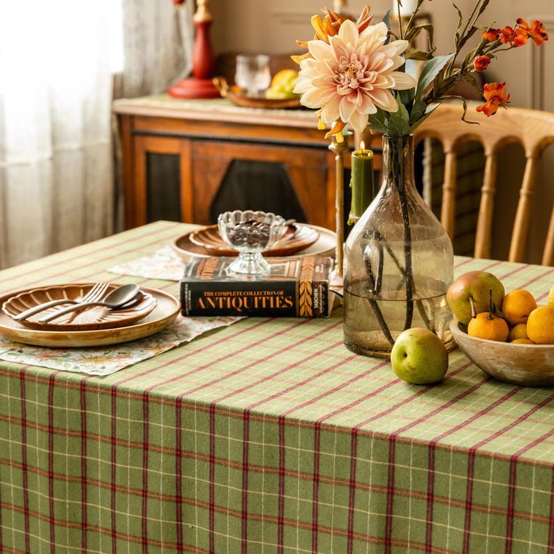 Green Plaid Cotton Tablecloth, Custom Farmhouse Table Cover, Christmas Dining Table Linen, Holiday Plaid Decor for Kitchen