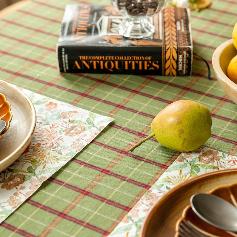Green Plaid Cotton Tablecloth, Custom Farmhouse Table Cover, Christmas Dining Table Linen, Holiday Plaid Decor for Kitchen
