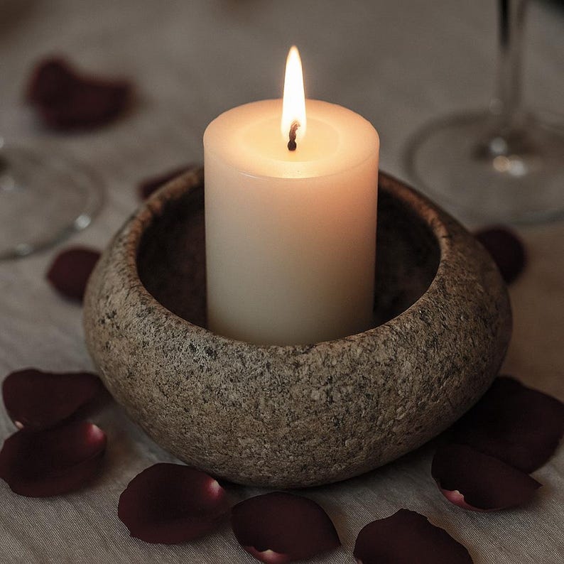Natural Stone Candle Bowl – Handmade Pebble Holder for Tealight, Votive & Pillar Candles | Rustic Wabi Sabi Zen Decor