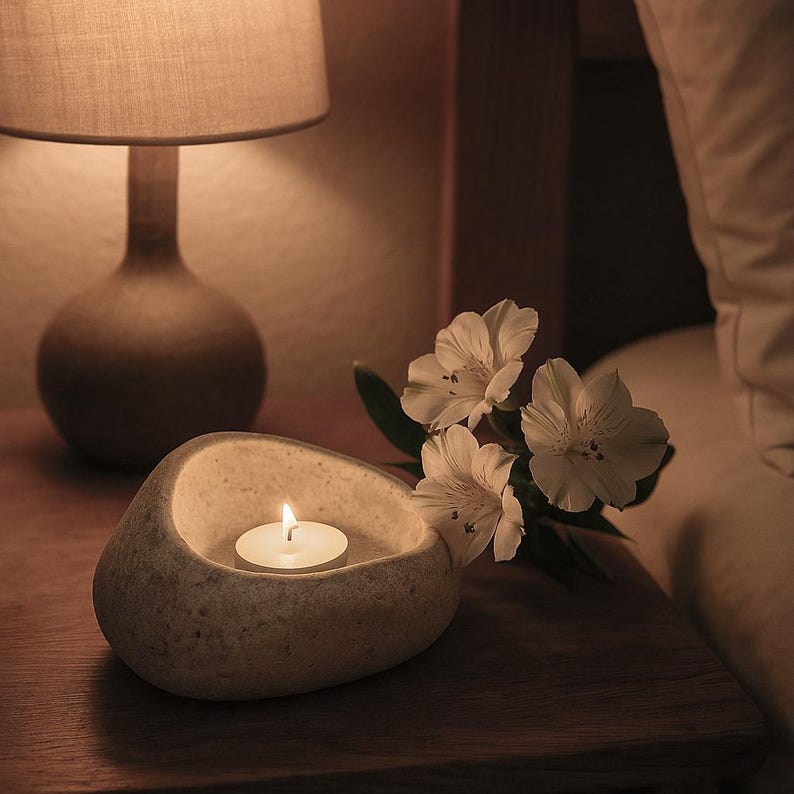 Natural Stone Candle Bowl – Handmade Pebble Holder for Tealight, Votive & Pillar Candles | Rustic Wabi Sabi Zen Decor