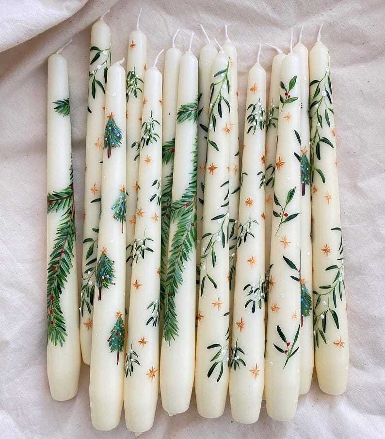 Christmas Taper Candle Set of 2: Hand-Painted Floral Decorations, noel decor pine tree candles