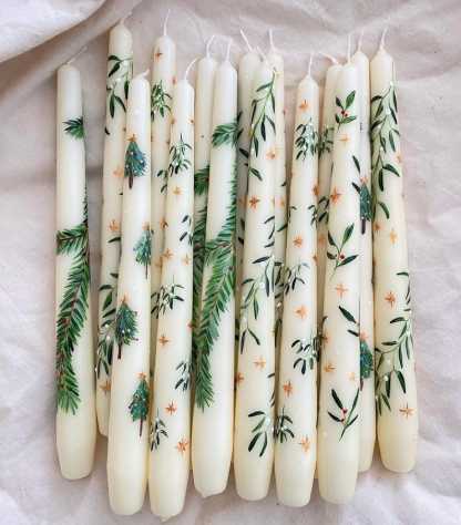 Christmas Taper Candle Set of 2: Hand-Painted Floral Decorations, noel decor pine tree candles