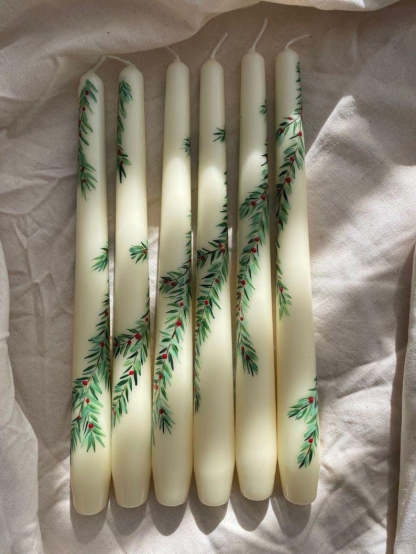 Christmas Taper Candle Set of 2: Hand-Painted Floral Decorations, noel decor pine tree candles