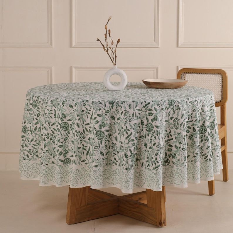 Round Cotton Tablecloth 160 cm– Green Block Print – Handmade Boho Round Table Cover – Fair Trade from India