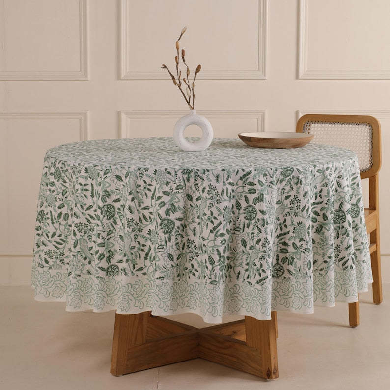 Round Cotton Tablecloth 160 cm– Green Block Print – Handmade Boho Round Table Cover – Fair Trade from India