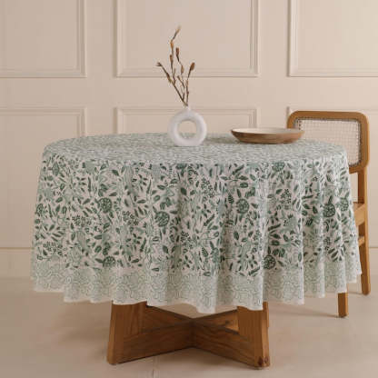 Round Cotton Tablecloth 160 cm– Green Block Print – Handmade Boho Round Table Cover – Fair Trade from India