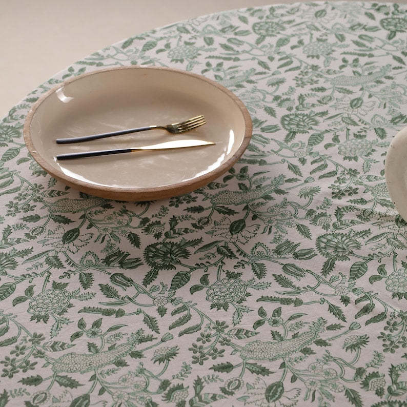 Round Cotton Tablecloth 160 cm– Green Block Print – Handmade Boho Round Table Cover – Fair Trade from India