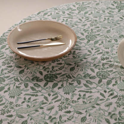 Round Cotton Tablecloth 160 cm– Green Block Print – Handmade Boho Round Table Cover – Fair Trade from India