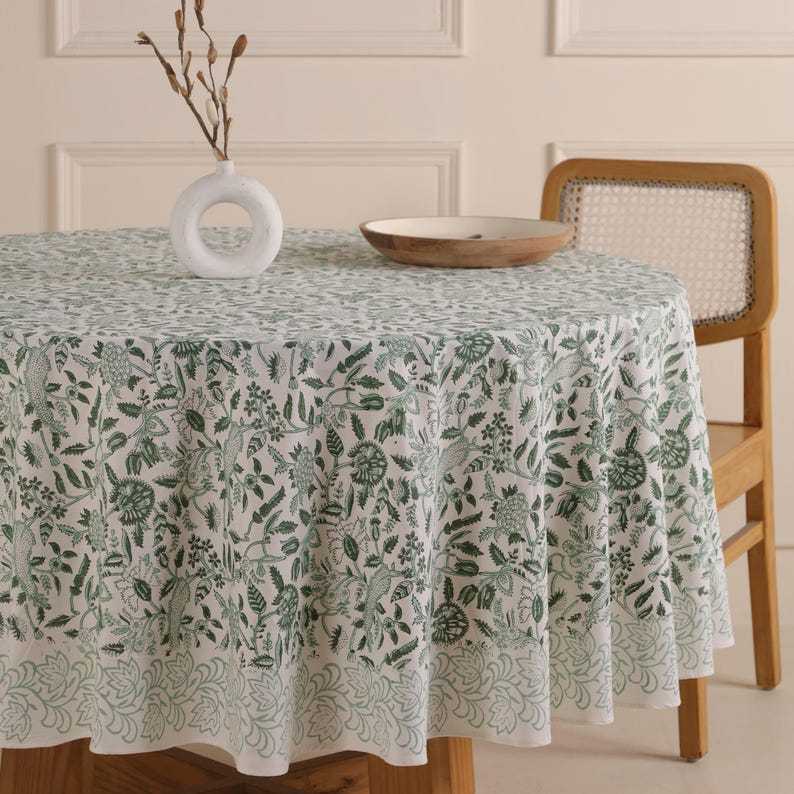 Round Cotton Tablecloth 160 cm– Green Block Print – Handmade Boho Round Table Cover – Fair Trade from India
