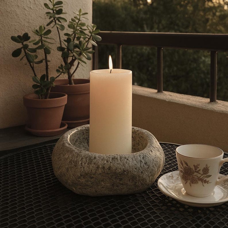 Natural Stone Candle Bowl – Handmade Pebble Holder for Tealight, Votive & Pillar Candles | Rustic Wabi Sabi Zen Decor