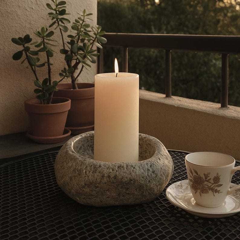 Natural Stone Candle Bowl – Handmade Pebble Holder for Tealight, Votive & Pillar Candles | Rustic Wabi Sabi Zen Decor