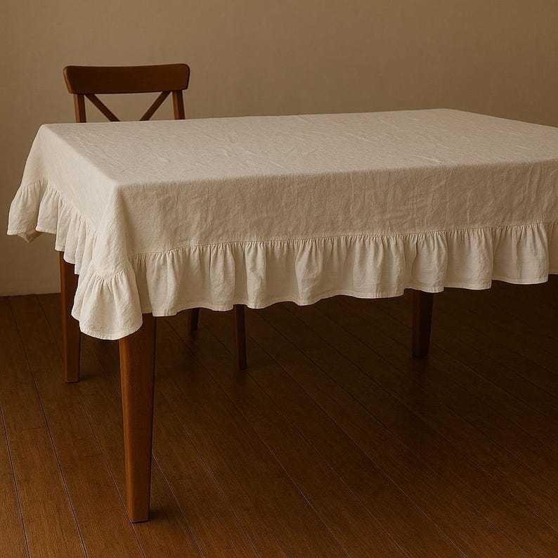 Linen Ruffle Tablecloth – Rustic Handmade Farmhouse Dining Table Decor Cloth, Rustic French Country Dining Linen, Custom Size Table Cover