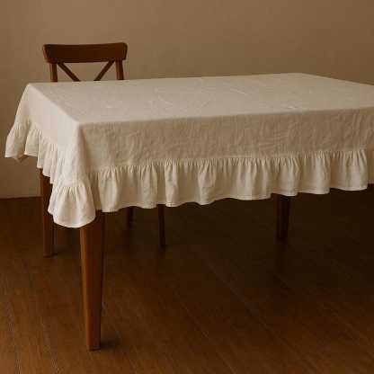 Linen Ruffle Tablecloth – Rustic Handmade Farmhouse Dining Table Decor Cloth, Rustic French Country Dining Linen, Custom Size Table Cover