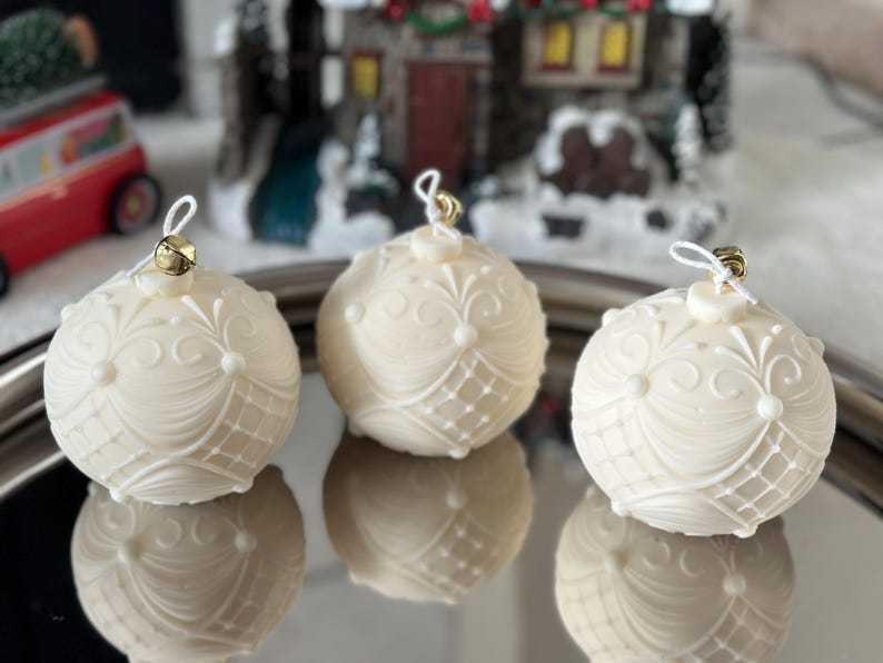 Luxury Ornament Candle | White Carved Candle Ball with Bell | Elegant Christmas Home Decor Gift