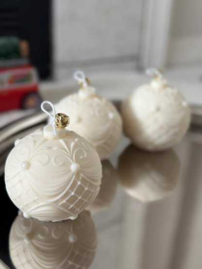 Luxury Ornament Candle | White Carved Candle Ball with Bell | Elegant Christmas Home Decor Gift