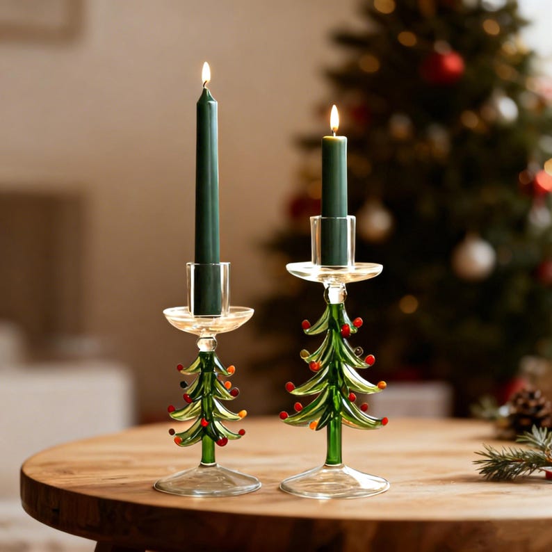 Christmas Style Candlestick Holders | Pillar Candle Stand | Table taper candle holder | Glass Home decor art | housewarming gift Party favor