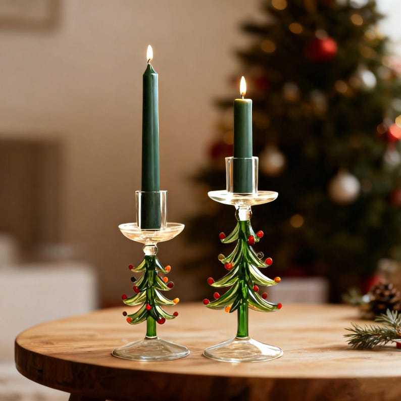 Christmas Style Candlestick Holders | Pillar Candle Stand | Table taper candle holder | Glass Home decor art | housewarming gift Party favor