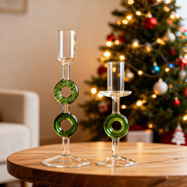 Christmas Style Candlestick Holders | Pillar Candle Stand | Table taper candle holder | Glass Home decor art | housewarming gift Party favor