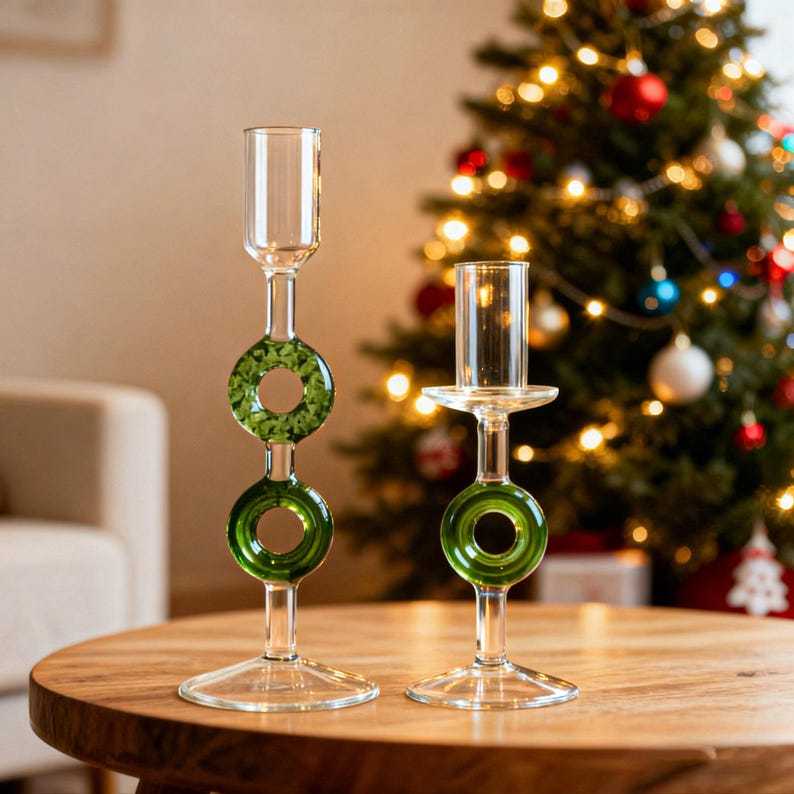 Christmas Style Candlestick Holders | Pillar Candle Stand | Table taper candle holder | Glass Home decor art | housewarming gift Party favor