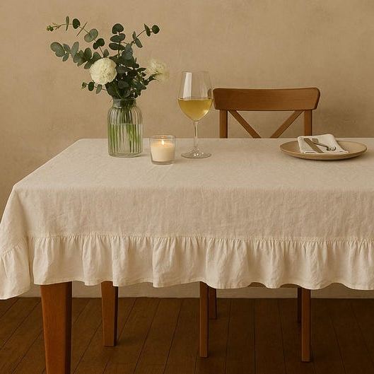 Linen Ruffle Tablecloth – Rustic Handmade Farmhouse Dining Table Decor Cloth, Rustic French Country Dining Linen, Custom Size Table Cover