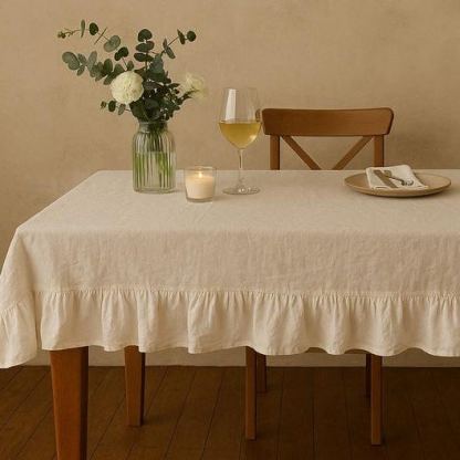 Linen Ruffle Tablecloth – Rustic Handmade Farmhouse Dining Table Decor Cloth, Rustic French Country Dining Linen, Custom Size Table Cover