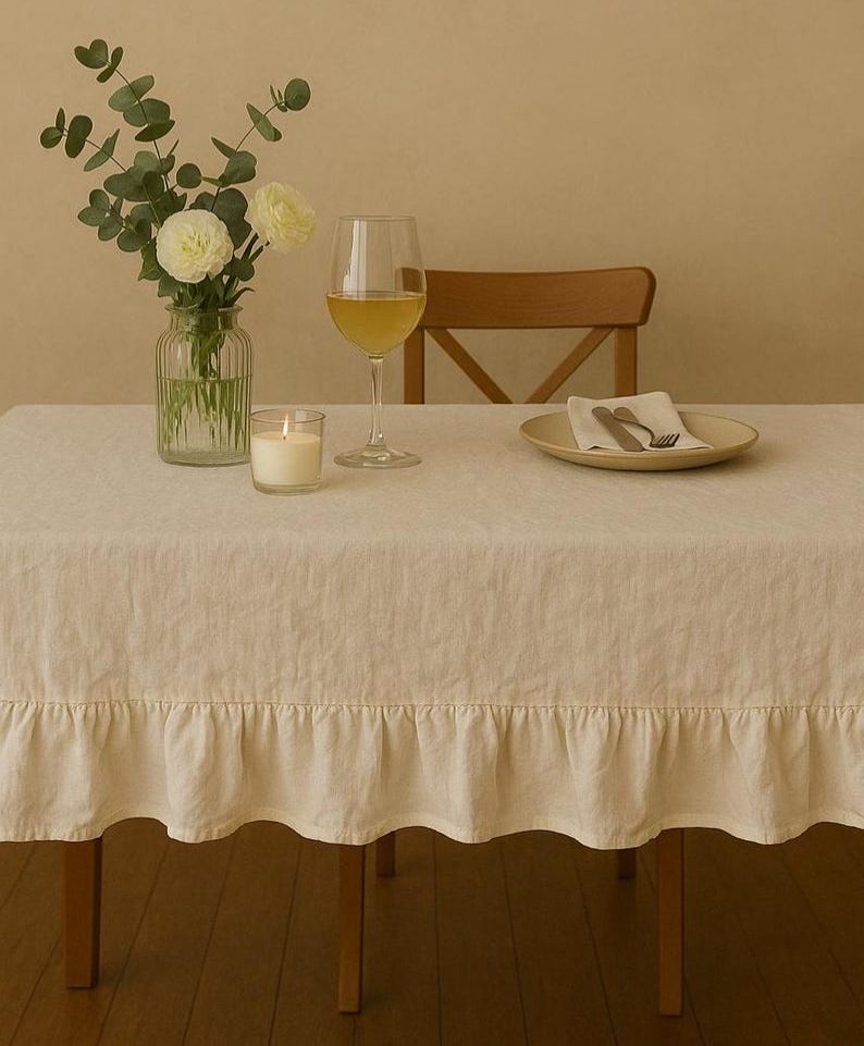Linen Ruffle Tablecloth – Rustic Handmade Farmhouse Dining Table Decor Cloth, Rustic French Country Dining Linen, Custom Size Table Cover