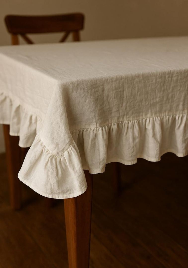 Linen Ruffle Tablecloth – Rustic Handmade Farmhouse Dining Table Decor Cloth, Rustic French Country Dining Linen, Custom Size Table Cover