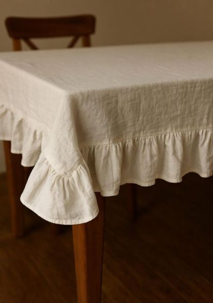Linen Ruffle Tablecloth – Rustic Handmade Farmhouse Dining Table Decor Cloth, Rustic French Country Dining Linen, Custom Size Table Cover
