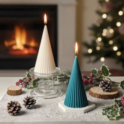 Ribbed Cone Candle – Beeswax Soy Blend, Dripless, Modern Holiday Decor, Winter Table Accent
