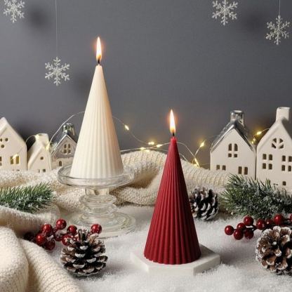 Ribbed Cone Candle – Beeswax Soy Blend, Dripless, Modern Holiday Decor, Winter Table Accent