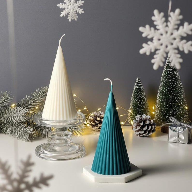 Ribbed Cone Candle – Beeswax Soy Blend, Dripless, Modern Holiday Decor, Winter Table Accent
