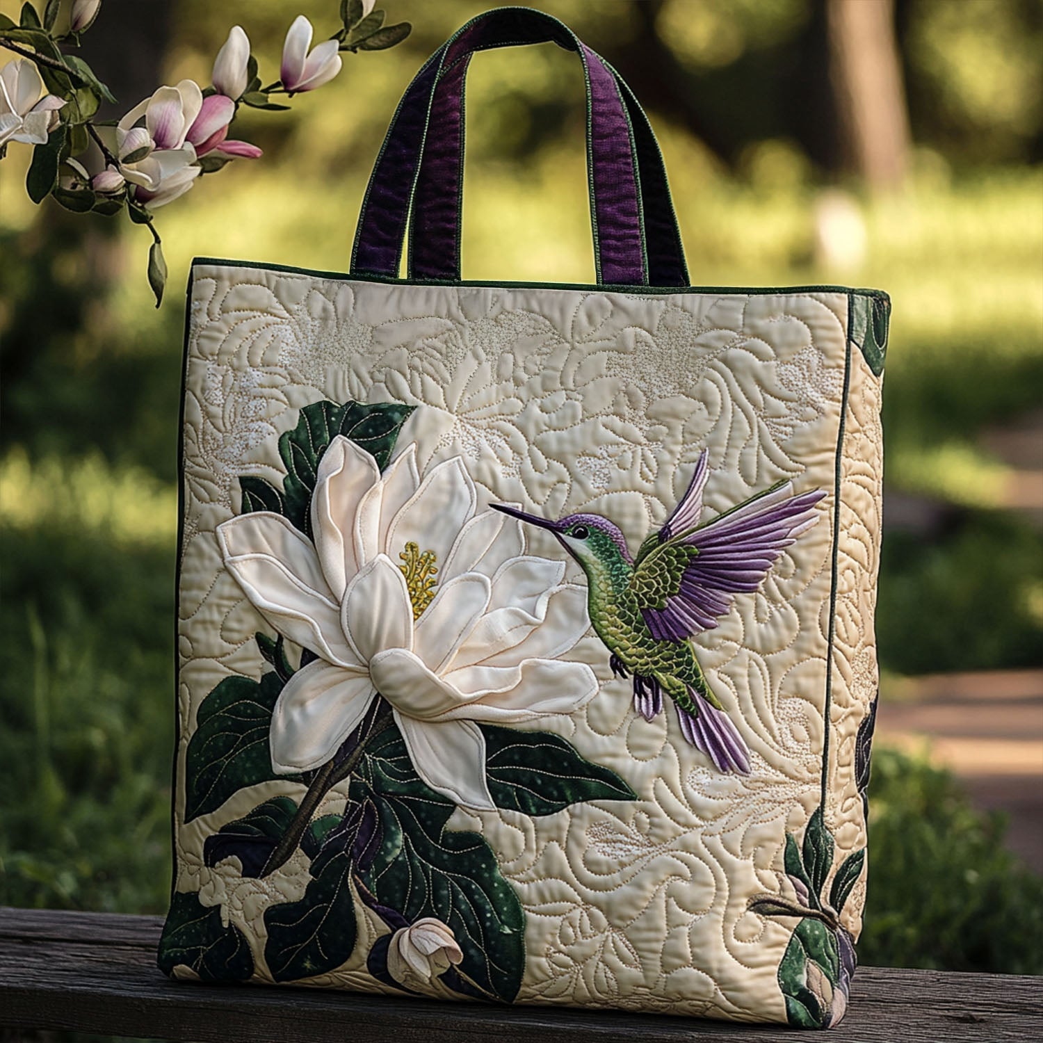 Feathered Blossom Quilted Tote Bag