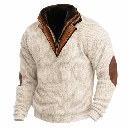 Men’s Vintage Wool Knit Sweater with Calfskin Stand Collar