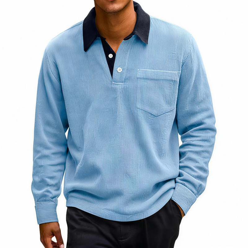 Men’s Vintage Corduroy Color Block Long Sleeve Polo Shirt