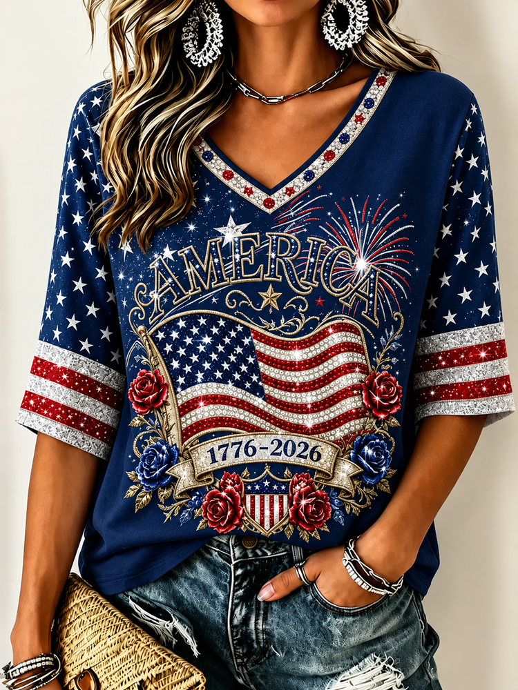 Women's Retro Independence Day Anniversary Print Cotton Linen T-shirt