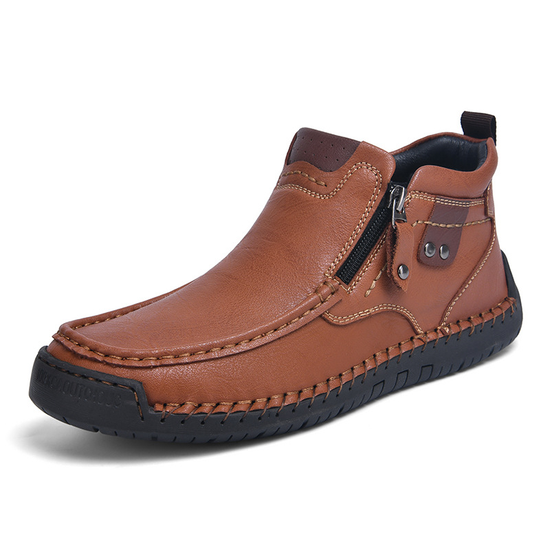 ⏰LAST DAY-60% OFF🛒Men’s Outdoor Casual Leather Boots – First Layer Cowhide, Wide Toe, Arch Support, Zipper & Slip-On, Comfortable for Walking & Driving