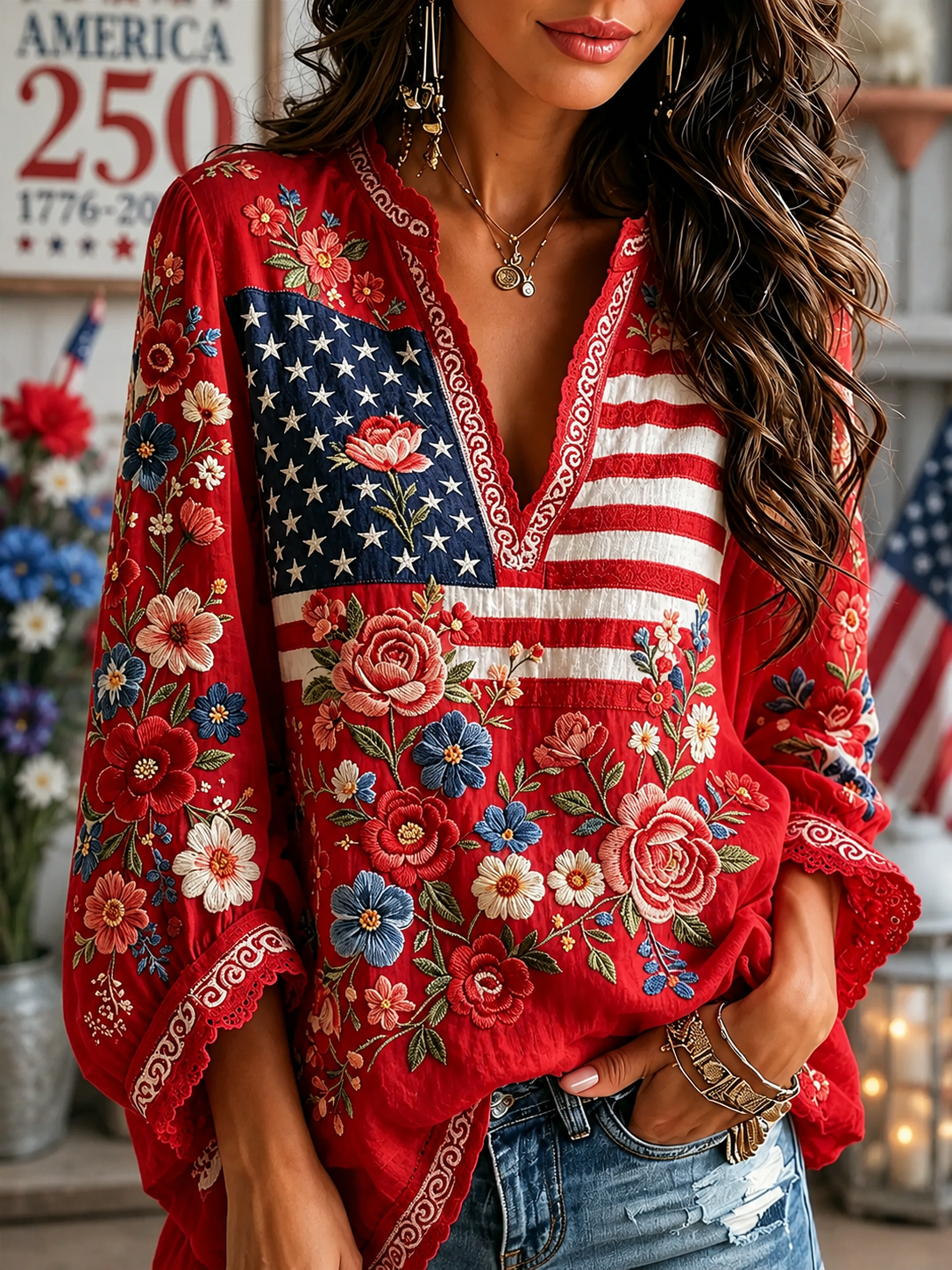 Vintage Floral Flag Art Cotton Linen V-neck Long Sleeve Top